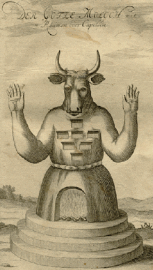 Ilustración de una estatua con cabeza de toro y manos alzadas sobre un pedestal, que recuerda a los legendarios Hijos de Salomón de la Biblia, con una abertura en el torso.