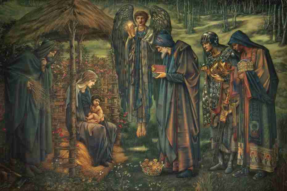 Um presépio com Maria, o bebê Jesus, os Reis Magos, que eram os sábios da Bíblia, entregando presentes, e um anjo segurando uma vela.