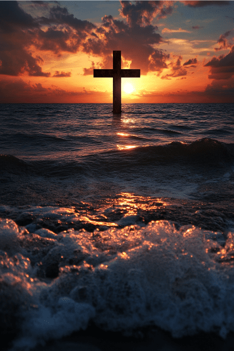 morning prayer for peace of mind: a cross rising from the sea at dawn