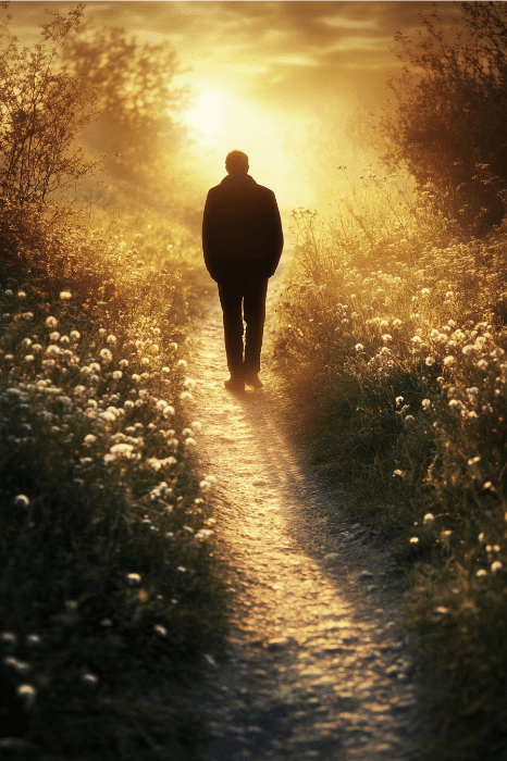 a man walking on a path in the morning