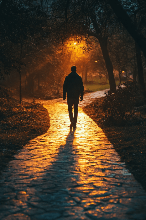 a man walking on a path just before dawn
