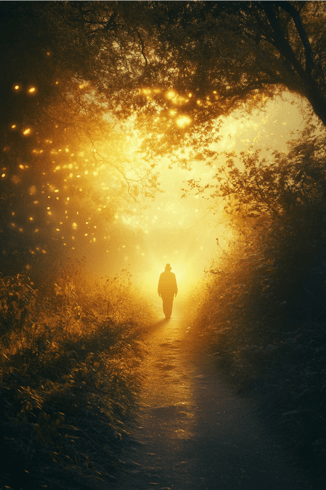a man walking in a park with the light coming onto him
