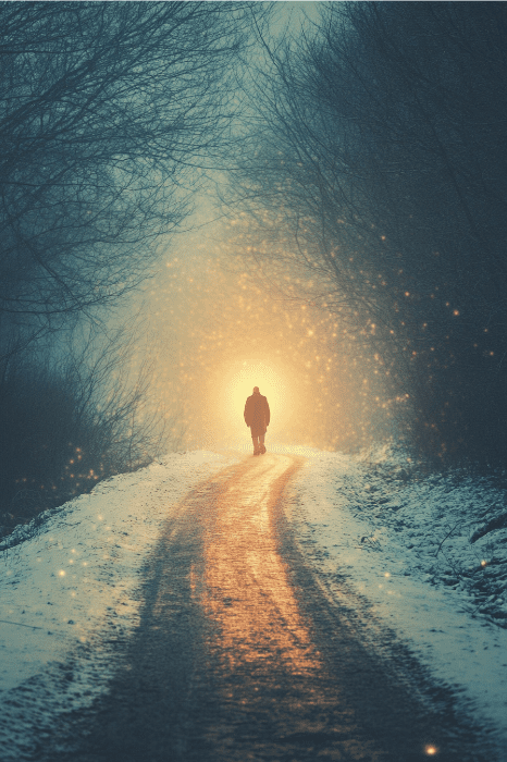 a man walking in the snow with biblical light