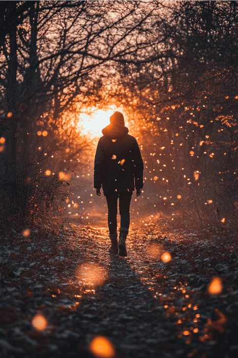 a person walking on a path and praying in the morning