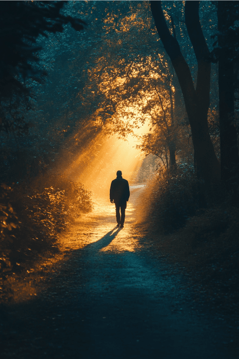 person walking in forest with morning light shining through
