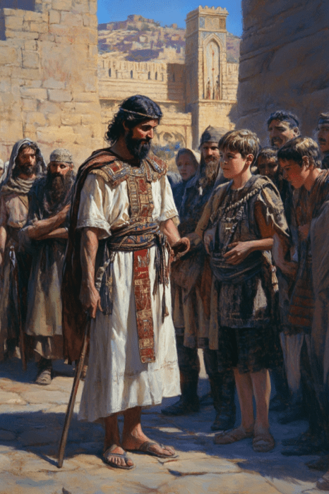 A historical scene unfolds with a bearded man wearing ancient garments, holding a staff. As Leah's sons in the Bible gather around, the ancient city echoes with their stories and lineage. Surrounded by curious onlookers, history and heritage come alive in this timeless tableau.