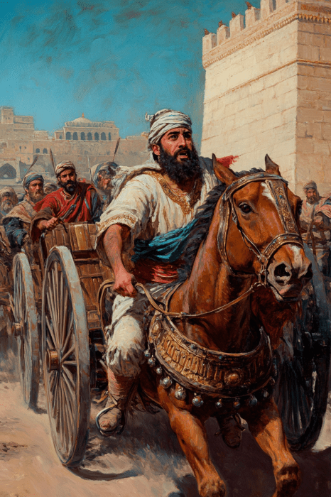 En una escena histórica que recuerda a los relatos bíblicos sobre los hijos de Salomón, un hombre barbudo con turbante conduce hábilmente un carro tirado por caballos por las bulliciosas calles de una ciudad de Oriente Próximo.
