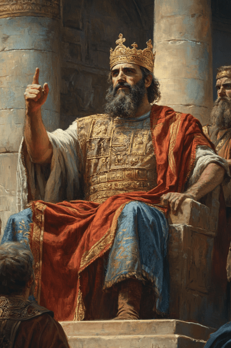 Una figura regia con ropajes ornamentados y una corona, que recuerda la sabiduría de los hijos de Salomón en la Biblia, se sienta en un trono y levanta una mano mientras se dirige a los demás.