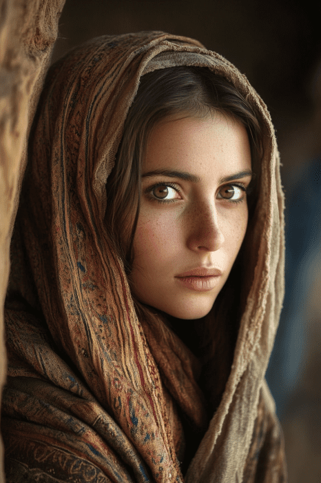 A woman with a serious expression, reminiscent of the strength exuded by figures in the Bible, wears a patterned headscarf and gazes directly at the camera.