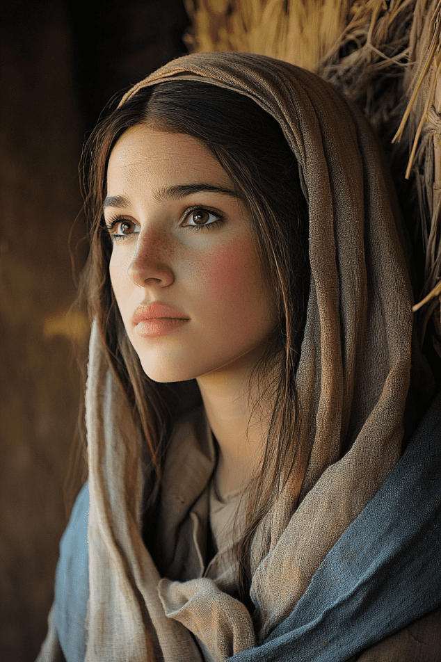 A thoughtful woman in a headscarf gazes into the distance, surrounded by rustic textures, embodying the wisdom and serenity often extolled in biblical passages about family values.