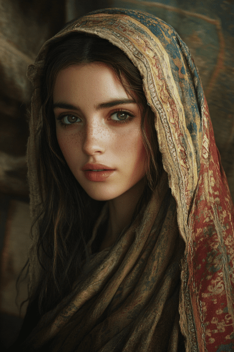 Woman with a patterned shawl draped over her head, gazing intently at the viewer, embodying a quiet strength reminiscent of the devotion often celebrated in passages about submissive wives in the Bible.