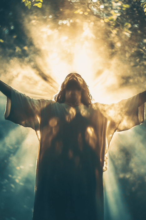 A person with outstretched arms stands in sunlight, surrounded by trees with rays shining through the leaves, embodying a moment of serenity reminiscent of timeless passages from the Bible.