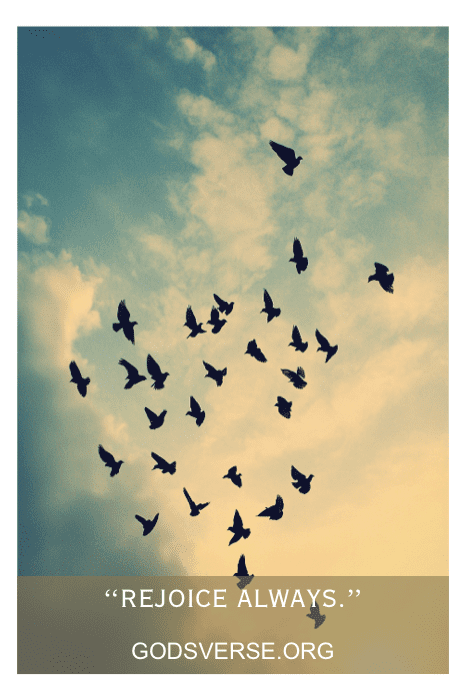 Siluetas de pájaros surcan un cielo nublado con el texto: "Alegraos siempre". Un recordatorio perfecto que se encuentra en versículos bíblicos muy cortos.