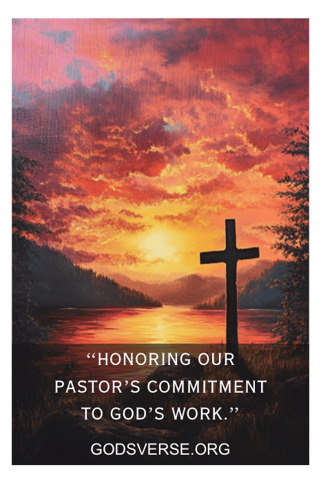 Una cruz junto a un lago con una vibrante puesta de sol, acompañada del texto: "Honrando el compromiso de nuestro pastor con la obra de Dios. Citas cariñosas del aprecio del pastor para las muestras de la iglesia.
