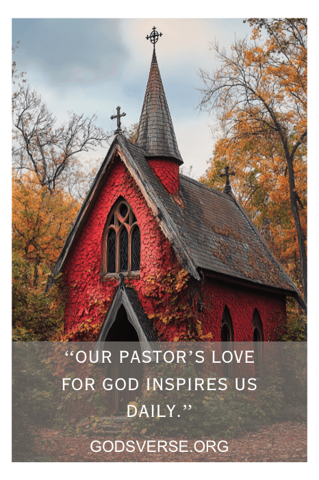 Una iglesia roja con hojas otoñales, con la cita: "El amor de nuestro pastor por Dios nos inspira a diario". Perfecto para carteles que muestren citas de agradecimiento al pastor.