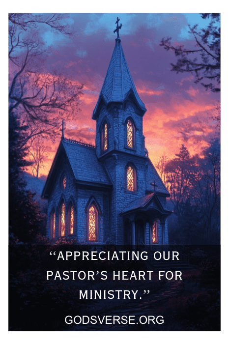 Una iglesia al atardecer con el texto "Apreciando el corazón de nuestro pastor para el ministerio" y "Citas de aprecio al pastor para carteles de iglesias" en la parte inferior.