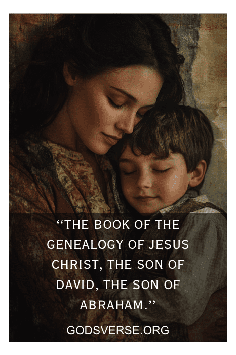 Una mujer y un niño abrazados, con los ojos cerrados, con un versículo bíblico sobre la genealogía de Jesús y sus hijos superpuesto en la imagen.