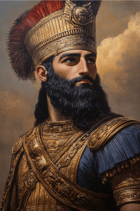 A regal figure in ornate armor and helmet, reminiscent of the wise men from biblical tales, with a long beard, gazes into the distance against a cloudy sky.