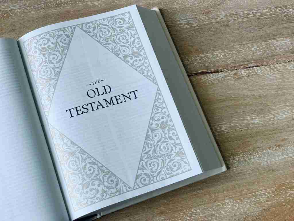 Un libro abierto titulado "El Antiguo Testamento" con bordes ornamentados descansa sobre una superficie de madera, invitando a reflexionar sobre los antiguos relatos y la sabiduría de los hijos de Salomón en la Biblia.