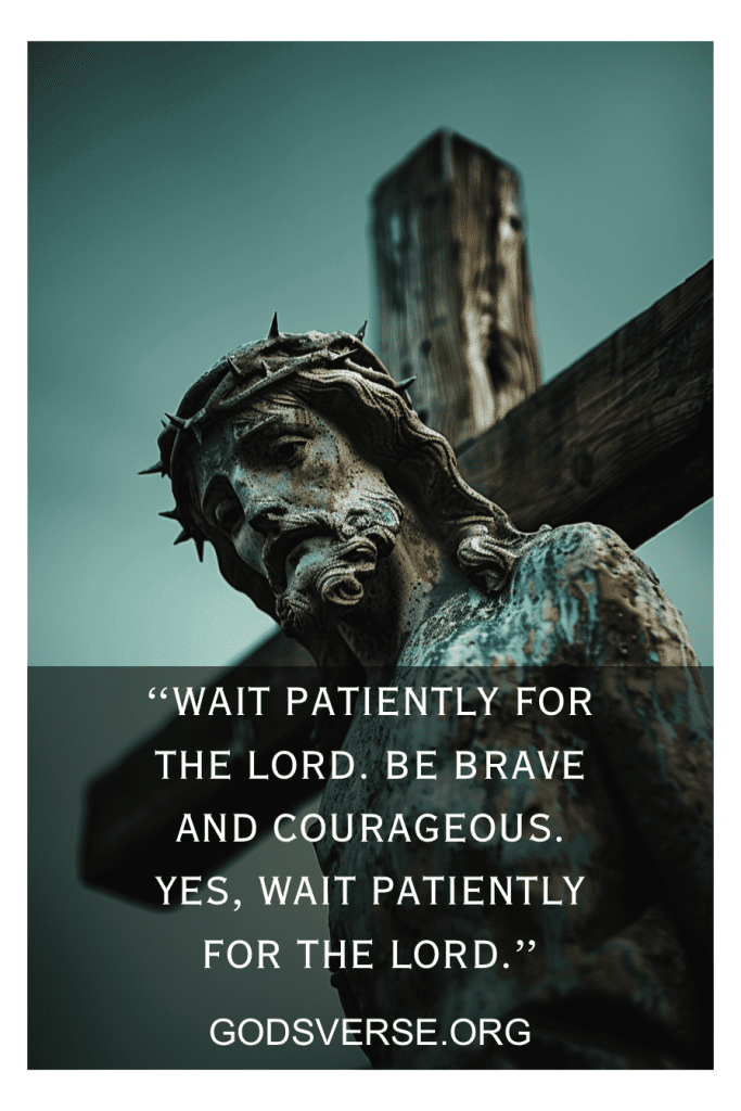 Una estatua de Jesús en la cruz con el texto: "Espera pacientemente al Señor..." y una sugerencia sobre qué versículo de la Biblia leer cuando estés triste.