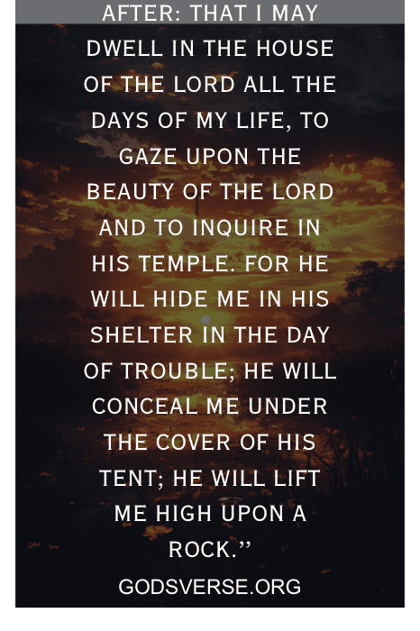 Texto sobre fondo de puesta de sol: "Después: Que habite en la casa del Señor todos los días de mi vida, para contemplar su belleza...". Para saber cómo consolar a alguien que está triste con un versículo de la Biblia, recuerda esta promesa.