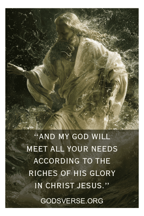 Imagem de Jesus caminhando em uma tempestade com o texto: "E o meu Deus suprirá todas as suas necessidades... godsverse.org.".