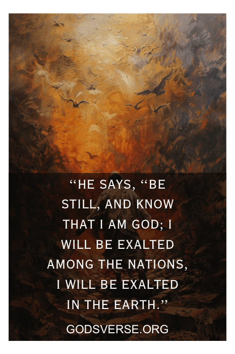 Uma pintura de um céu ardente com pássaros, com o versículo do Salmo 46:10 e o site "GODSVERSE.ORG" abaixo.