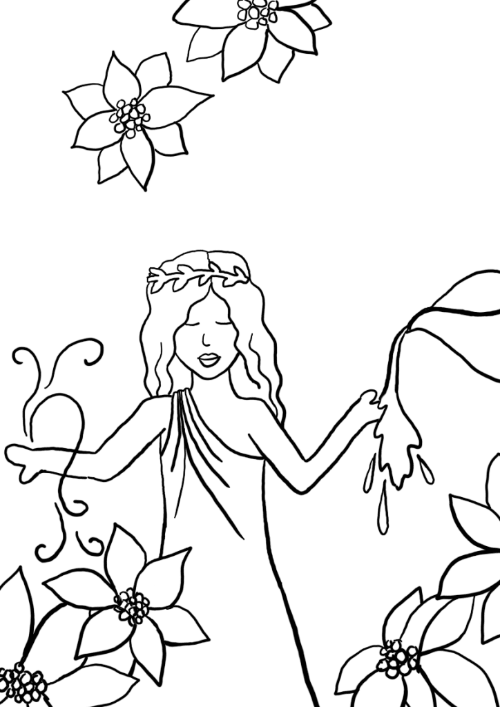 Em uma graça semelhante à de Esther, uma mulher em um vestido com cabelos esvoaçantes derrama água de um jarro, cercada por flores decorativas.