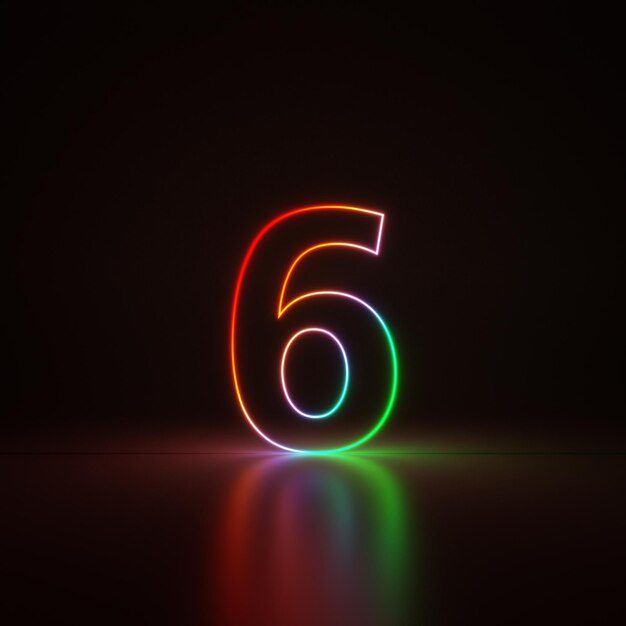 Un número seis de neón con un degradado de arco iris brilla intensamente sobre un fondo oscuro, despertando la curiosidad sobre su significado. Los curiosos podrían preguntarse: "¿Qué significa el número 6 en la Biblia?