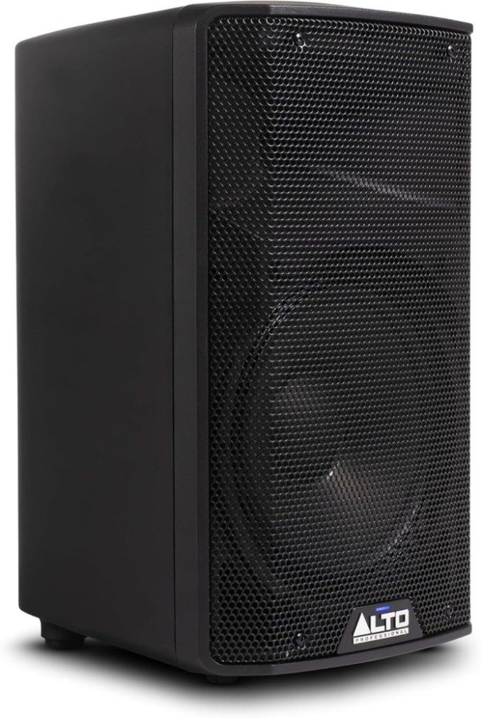 Altavoz profesional Alto negro con frontal de malla y logotipo de la marca en la parte inferior, ideal para su uso como monitores de escenario para iglesia.