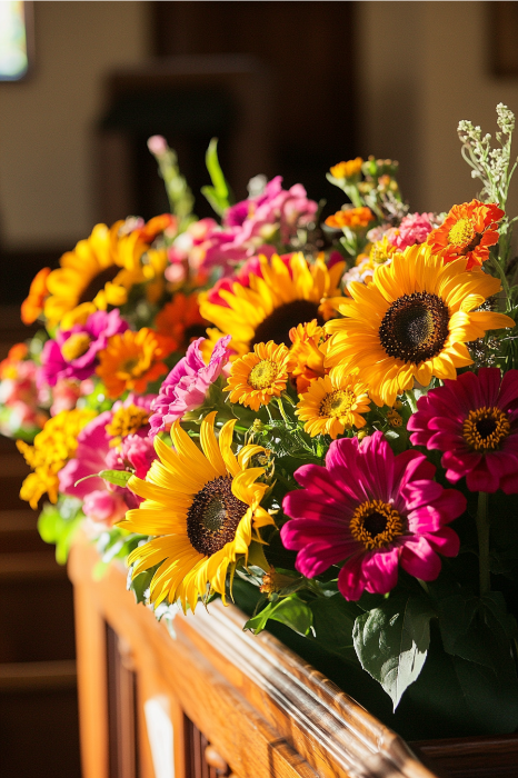 Una vibrante idea de arreglo floral para altares de iglesias, con girasoles y flores rosas en un recipiente de madera, baƱado por la cƔlida luz del sol.