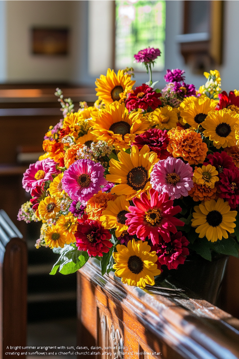 Un vibrante ramo de girasoles y margaritas adorna una iglesia iluminada por el sol, ofreciendo inspiradoras ideas de arreglos florales para altares de iglesia mientras descansa elegantemente sobre un banco de madera.