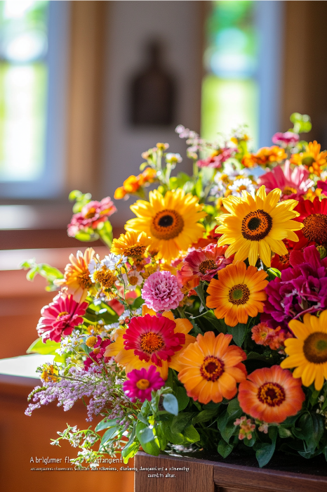 Un vibrante ramo de flores naranjas, rosas y amarillas adorna una habitación iluminada por el sol, ofreciendo inspiradoras ideas de arreglos florales para altares de iglesias, con ventanas de enfoque suave al fondo.