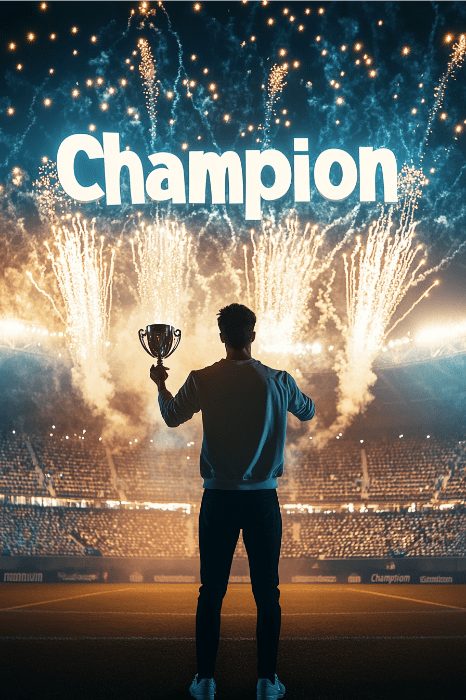 a person with a cup in a stadium with "champion" written in the background