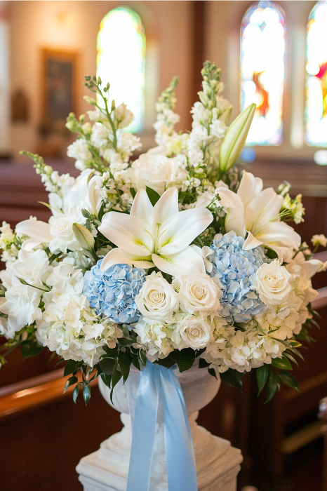 Un impresionante ramo de lirios blancos, rosas y hortensias azules adorna el altar de la iglesia, enmarcado por hermosas vidrieras: una idea de arreglo floral perfecta para realzar los espacios sagrados.