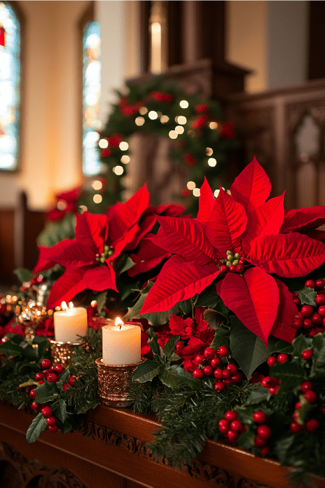 Poinsettias y velas encendidas adornan un altar de madera, complementado con vegetación festiva en un entorno de iglesia bellamente decorado. Este elegante arreglo floral ofrece ideas inspiradoras para los altares de las iglesias durante las fiestas navideñas.