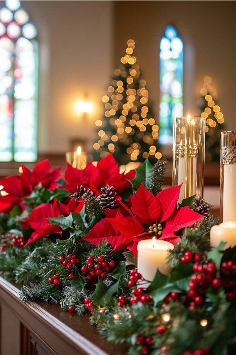 Un interior de iglesia festivo con flores de pascua, velas y guirnaldas de hoja perenne adornadas con bayas rojas y piƱas ofrece maravillosas ideas de arreglos florales para altares de iglesia.