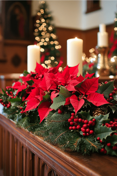 Un festivo altar navideño muestra flores de pascua, velas y adornos de hoja perenne en un interior cÔlidamente iluminado. Para quienes buscan ideas de arreglos florales para altares de iglesias, este elegante montaje ofrece inspiración en cada delicado detalle.