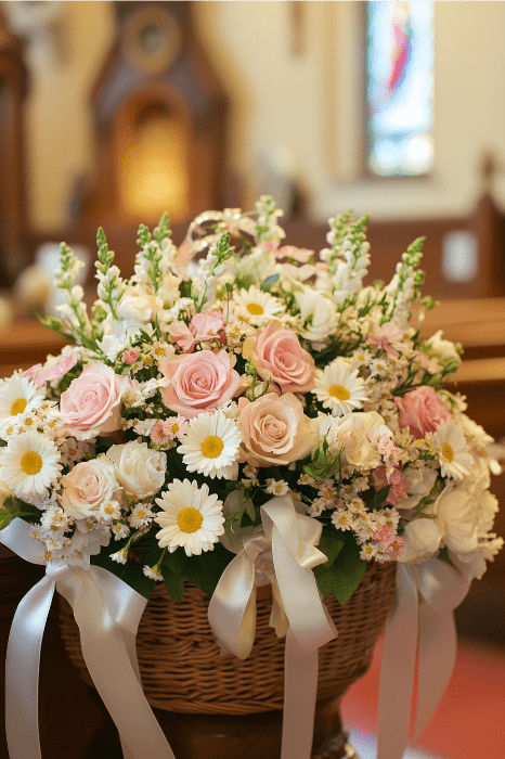 Un precioso arreglo floral, con una cesta de rosas rosas y margaritas blancas adornada con una cinta, complementa a la perfección el sereno entorno de la iglesia. Una idea inspiradora para los altares de las iglesias, esta muestra aporta elegancia y tranquilidad a cualquier espacio sagrado.