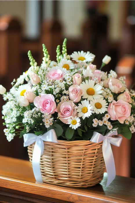 Una cesta de mimbre con rosas rosas, margaritas y flores blancas, adornada con una cinta azul claro, es una bonita idea de arreglo floral para los altares de las iglesias.