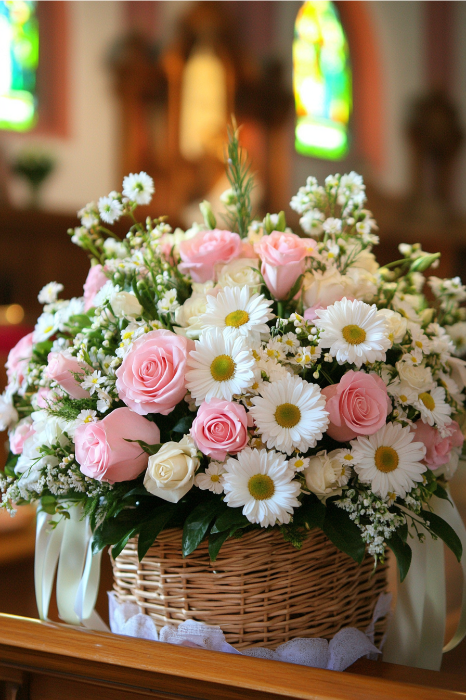 Una cesta de rosas rosas y margaritas blancas adorna una superficie de madera en una habitación suavemente iluminada con vidrieras, ofreciendo encantadoras ideas de arreglos florales para altares de iglesias.