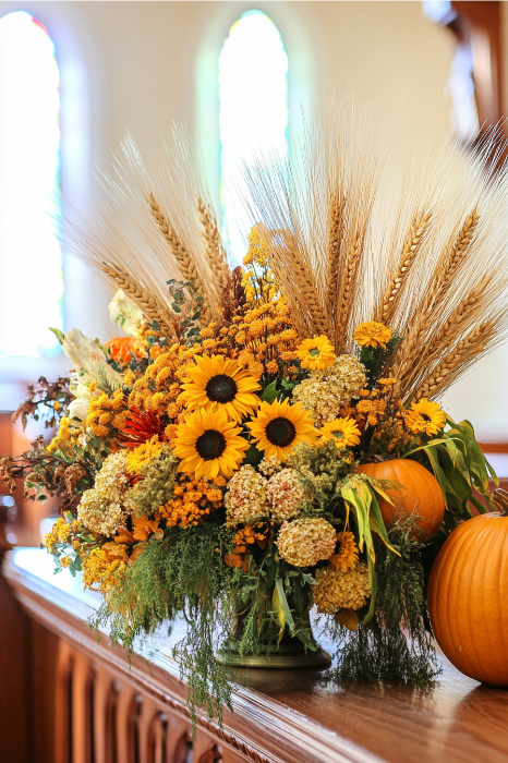 Un vibrante arreglo floral con girasoles, trigo y flores otoñales sobre una superficie de madera, flanqueado por calabazas: una inspiración perfecta para ideas de arreglos florales para altares de iglesias.
