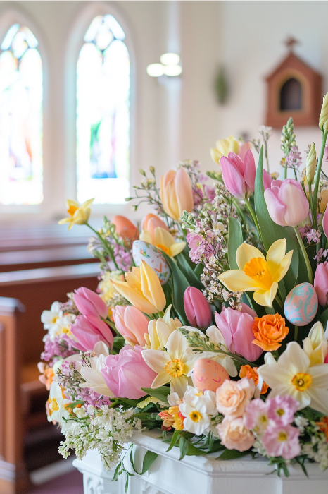 Un colorido ramo de flores primaverales sobre un pedestal blanco en el interior de una iglesia iluminada por el sol y con vidrieras ofrece inspiradoras ideas de arreglos florales para altares de iglesia.