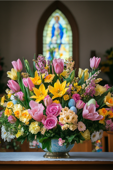Un vibrante ramo de tulipanes rosas, lirios amarillos y rosas adorna la parte frontal de una vidriera, sirviendo como inspiradora idea de arreglo floral para los altares de las iglesias.