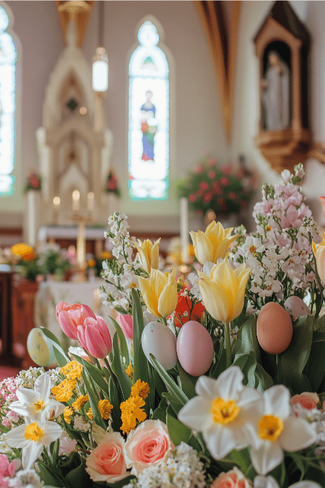 Exquisitas ideas de arreglos florales para altares de iglesias con vibrantes tulipanes y narcisos, bellamente colocados sobre el telón de fondo de vidrieras.
