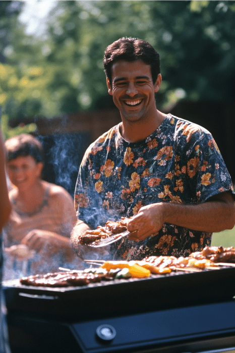 Um homem, semelhante a uma figura alegre de poemas religiosos do Dia dos Pais, grelha carne em um churrasco ao ar livre, com seu sorriso radiante enquanto uma mulher aprecia a cena ao fundo.