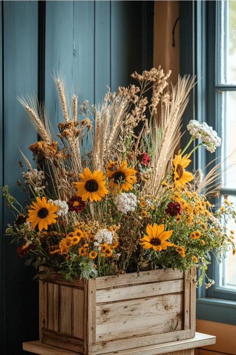 Una caja de madera rĆŗstica rebosante de girasoles, trigo y flores silvestres variadas crea una encantadora idea de arreglo floral para altares de iglesias, acentuando bellamente la pared azul oscuro cerca de una ventana.
