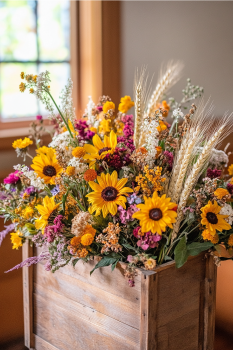Una caja de madera rebosante de un vibrante ramo de girasoles, tallos de trigo y diversas flores silvestres descansa junto a una ventana, sirviendo de inspiración para ideas de arreglos florales para altares de iglesias.