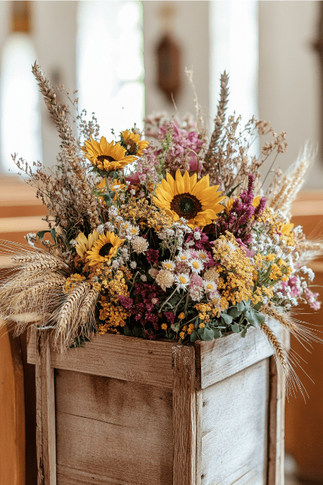 Una caja de madera rebosante de girasoles, trigo y vibrantes flores silvestres ofrece ideas perfectas de arreglos florales para altares de iglesias, iluminando cualquier ambiente interior con sus vivos colores y su encanto natural.