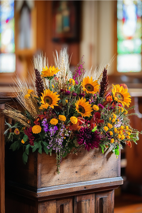 Una maceta de madera repleta de vibrantes girasoles, tallos de trigo y flores otoƱales adorna la cƔlida sala iluminada con vidrieras, ofreciendo hermosas ideas de arreglos florales para los altares de las iglesias.